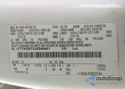 2018 Ford F-250 Xl z USA, uszkodzony, nr VIN 1FT7W2BT5JEB49461